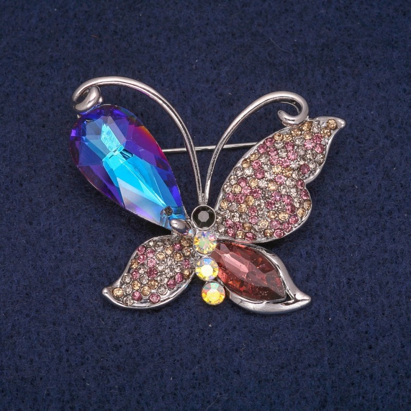 Discount! Butterfly Brooch with Crystals, Silver-Tone Metal 39×43mm