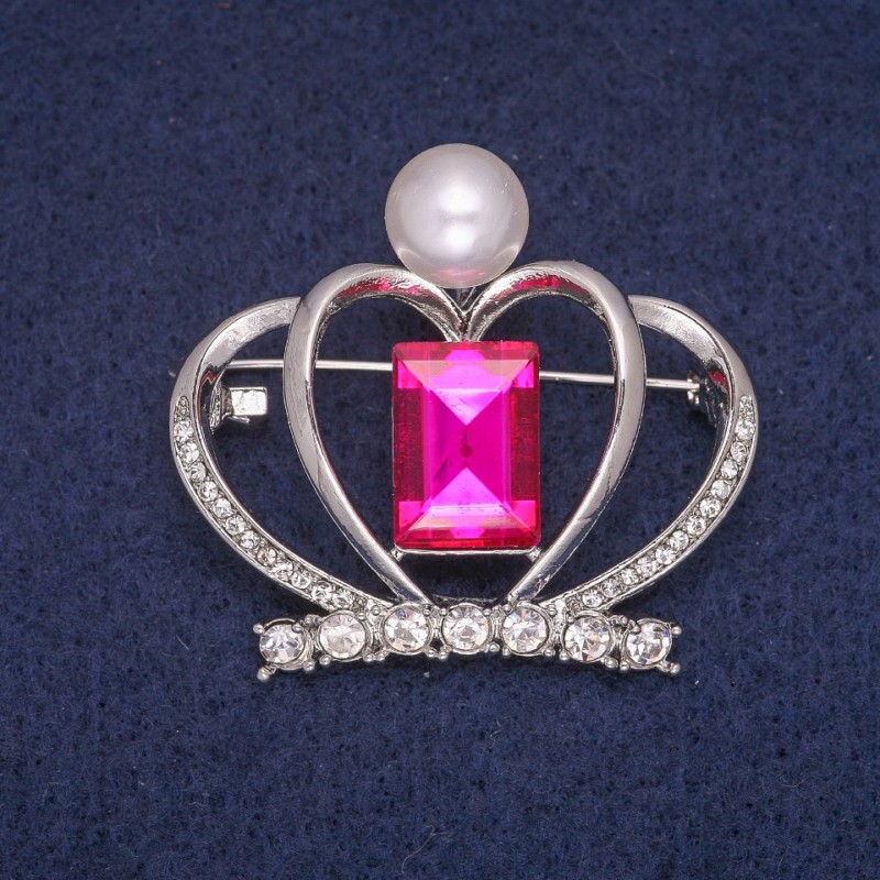 Discount! Clearance Crown Brooch with Beadwork and Crystals, Silver-Toned Metal 38x41mm