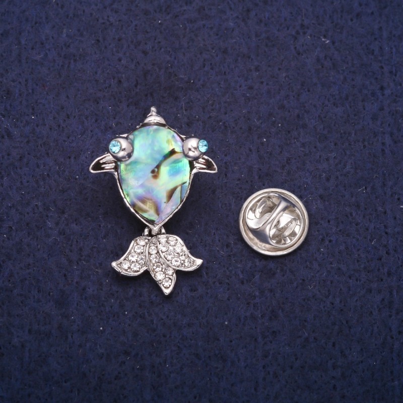Discount! Brooch 'Fish' with Halite Cabochon and Rhinestones, Silver-Tone Metal 19×28 mm