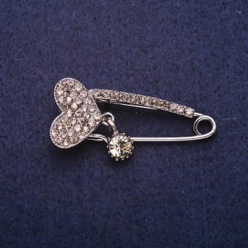 Discount! Heart Brooch Pin with Crystals, Gray Metal 17x41mm