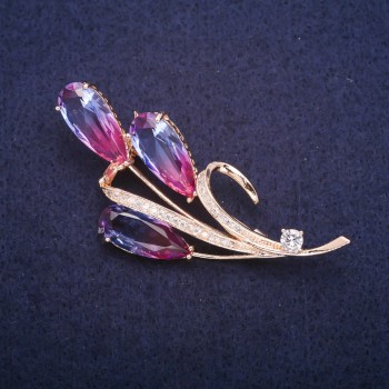 Sale! Sprig Brooch with Pink-and-Blue Crystals in Swarovski Style, Gold-Tone Metal 32x65mm
