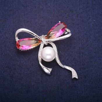 Discount! Bow Brooch with a Bead and Yellow-Pink Crystals in Swarovski Style, Silver-Toned Metal 45x47mm
