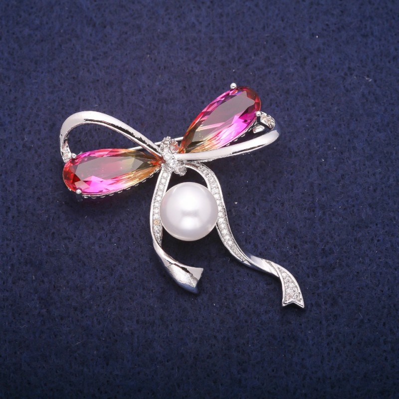 Discount! Bow Brooch with a Bead and Yellow-Pink Crystals in Swarovski Style, Silver-Toned Metal 45x47mm