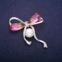 Discount! Bow Brooch with a Bead and Yellow-Pink Crystals in Swarovski Style, Silver-Toned Metal 45x47mm
