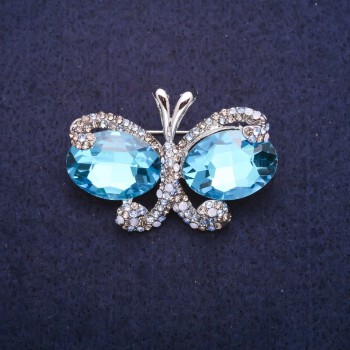 Discount! Butterfly Brooch with Blue Crystals, Silver-Toned Metal 26x38 mm