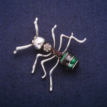 Discount! Ant Brooch with Enamel and Crystals, Silver Metal 44x45mm