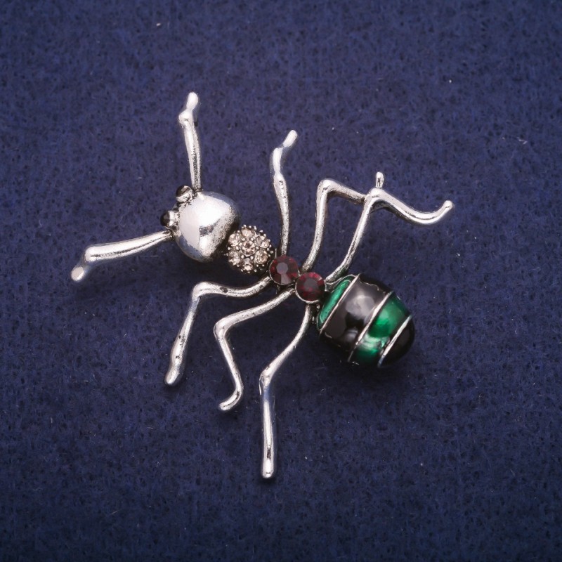 Discount! Ant Brooch with Enamel and Crystals, Silver Metal 44x45mm