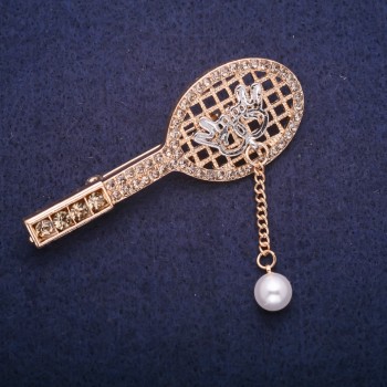Sale! Brooch: Racket with a Beaded Pendant in Gray Rhinestones, Gold-tone Metal 24x64