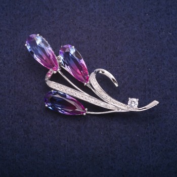 Discount! Twig brooch with pink and blue crystals in Swarovski style, silver-toned metal 32x65 mm