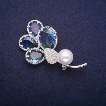 Discount! Twig Brooch with a Pearl Bead and Green and Blue Crystals in Swarovski style, Silver-Tone Metal 32x55mm