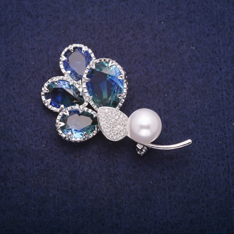 Discount! Twig Brooch with a Pearl Bead and Green and Blue Crystals in Swarovski style, Silver-Tone Metal 32x55mm