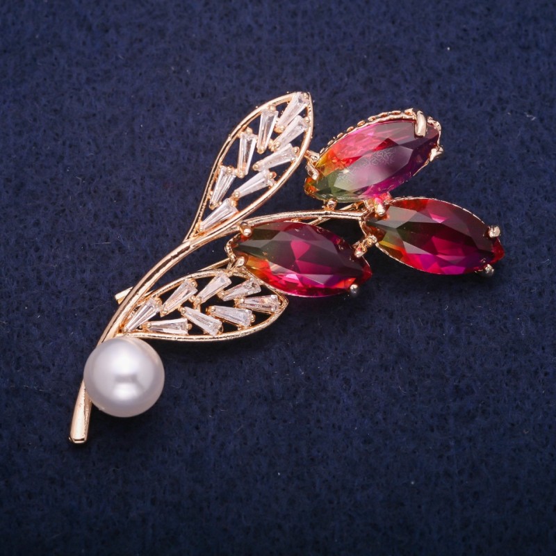 Discount! Twig Brooch with a bead and yellow-pink crystals in Swarovski style, golden metal 35×60mm