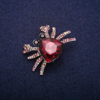 Crab Brooch with Raspberry Crystals, Gray Metal 27x37mm