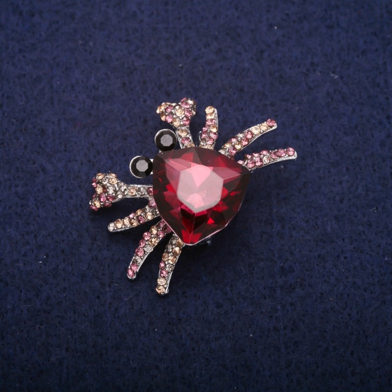 Crab Brooch with Raspberry Crystals, Gray Metal 27x37mm