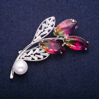 Discount! Twig Brooch with a Bead and Pink and Yellow Crystals in Swarovski Style, Silver-Tone Metal 35x60 mm