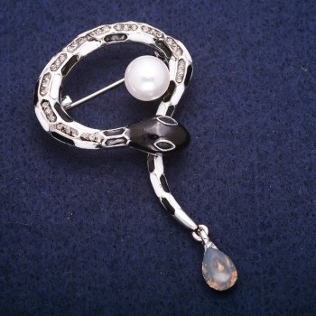 Discount! Snake Brooch with Enamel, Beadwork, and Gray Crystals, Silver-Tone Metal 37x53mm