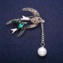 Sale! Birds enamel brooch with bead and rhinestones, gray metal 32x41mm