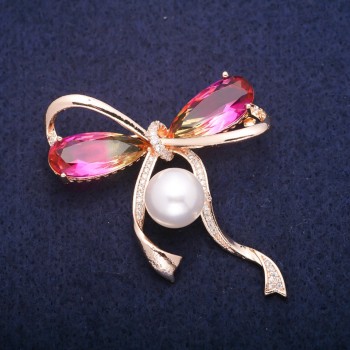 Sale! Bow Brooch with Bead and Yellow-Pink Crystals in Swarovski Style, Gold-Tone Metal 45×47 mm