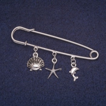 Sale! Brooch-pin with sea pendants, silver-toned metal 13x60mm