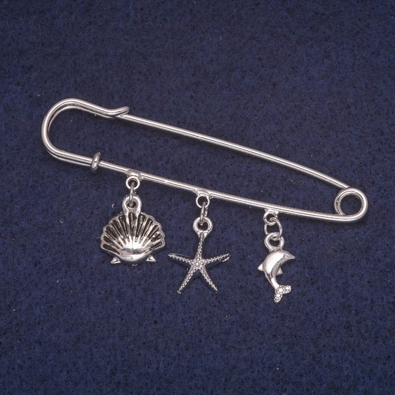 Sale! Brooch-pin with sea pendants, silver-toned metal 13x60mm