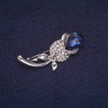 Discount! Brooch 'Rose' with Blue Crystal and White Rhinestones, Silver-tone Metal 24x45mm