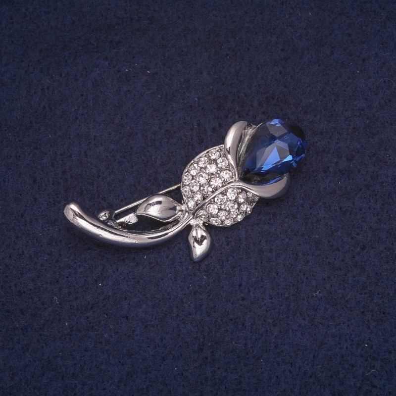 Discount! Brooch 'Rose' with Blue Crystal and White Rhinestones, Silver-tone Metal 24x45mm