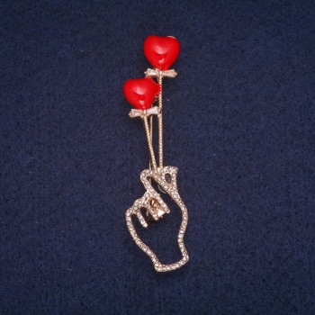 Discount! Brooch 'Symbol of Love' red enamel with white crystals, golden metal 16x62mm