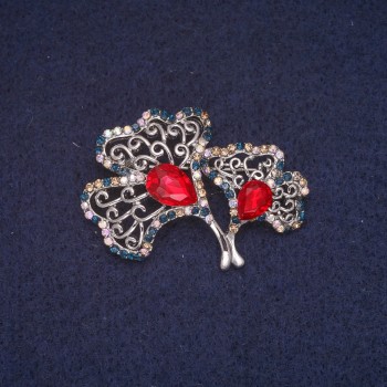 Discount! Leaves Brooch with Crystals, Silver-Toned Metal 33x41mm