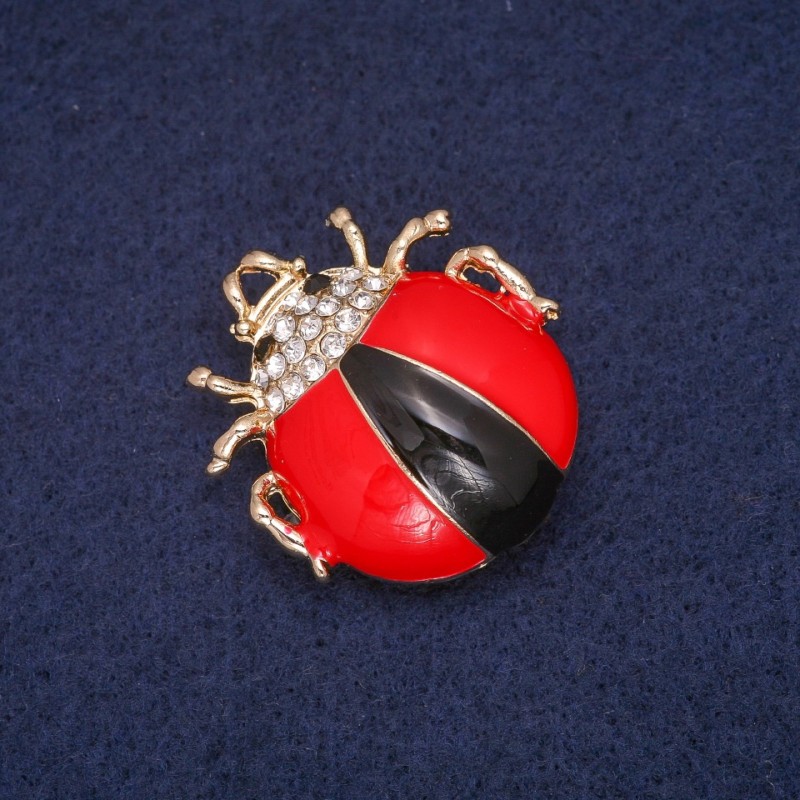 Discount! Ladybug Brooch enamel with white rhinestones, gold-tone metal 28×31mm