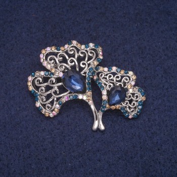 Sale! Leaves with Crystals Brooch, silver-tone metal 33x41mm