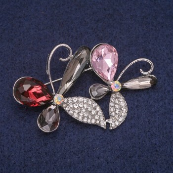 Sale! Flower Brooch with Crystals, Silver-Tone Metal 34x51 mm