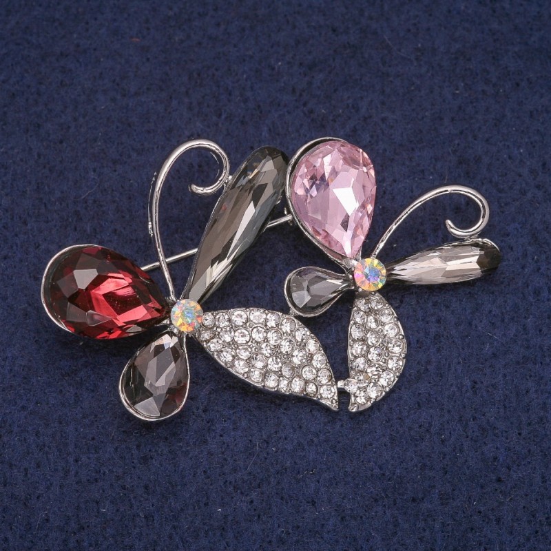 Sale! Flower Brooch with Crystals, Silver-Tone Metal 34x51 mm