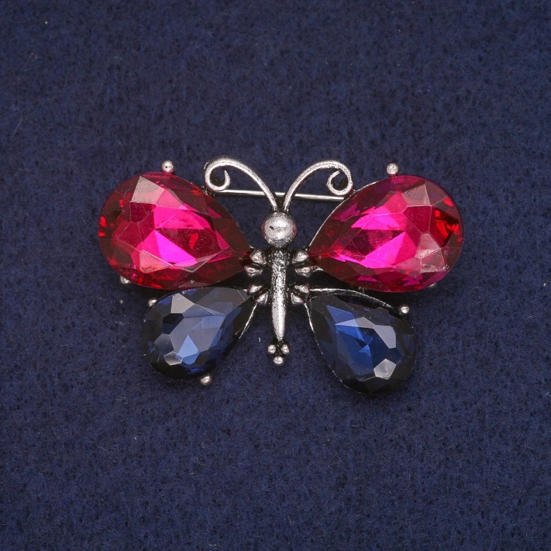 Discount! Butterfly Brooch with Raspberry and Blue Crystals, Silver Metal 26x40mm