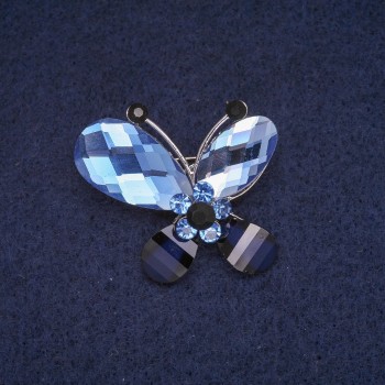 Discount! Butterfly Brooch with Blue and Black Crystals, Silver-Tone Metal 28x32mm