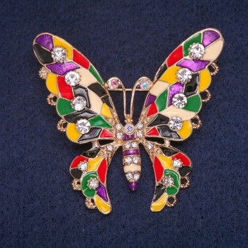 Sale! Butterfly Brooch with Colored Enamel and Crystals, Golden Metal 53x47mm