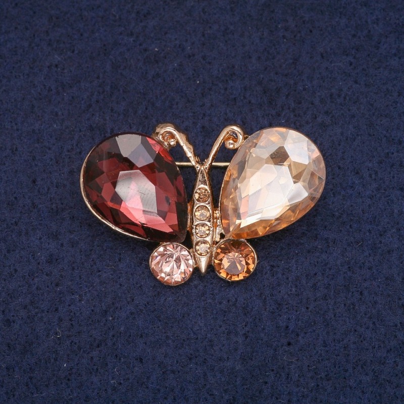 Sale! Butterfly Brooch with Burgundy and Champagne Crystals, Gold-Tone Metal 22×34 mm