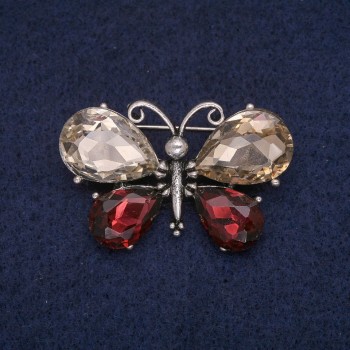 Discount! Butterfly Brooch with Champagne and Burgundy Crystals, Grey Metal 26x41 mm