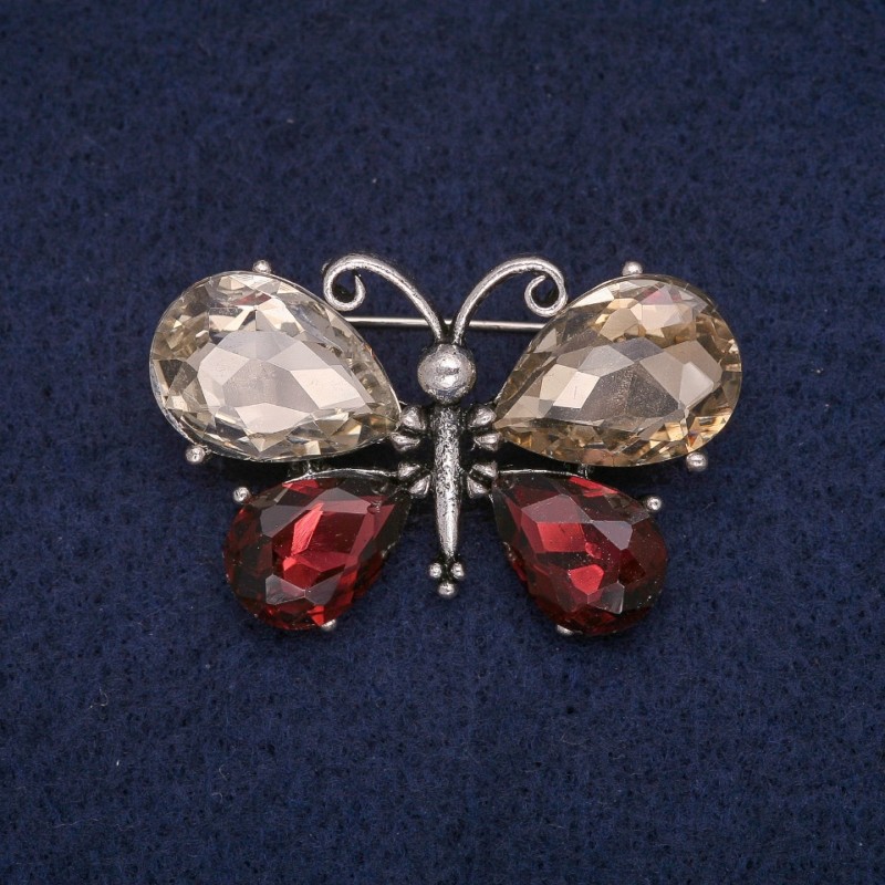 Discount! Butterfly Brooch with Champagne and Burgundy Crystals, Grey Metal 26x41 mm