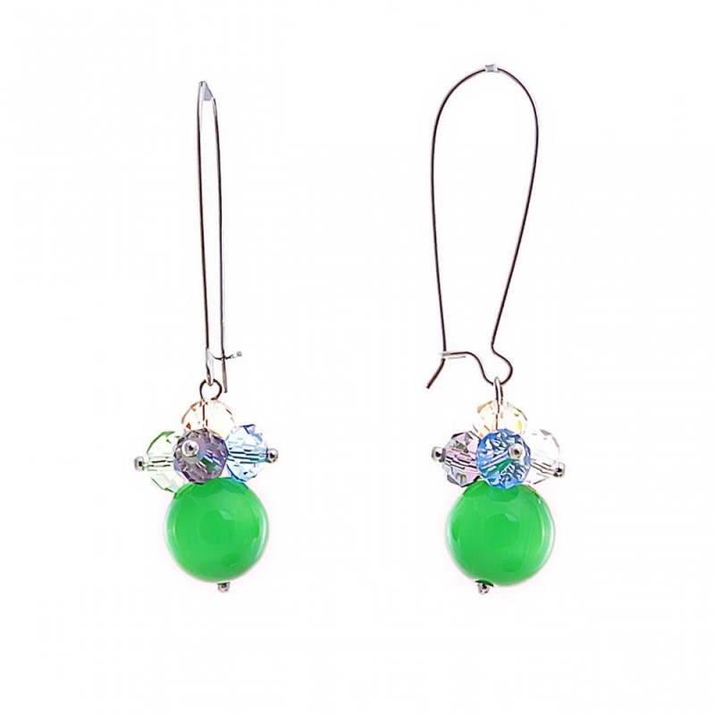 French hook earrings with colorful small beads ( named Crunch ) and apple-green cat's-eye beads 55 mm