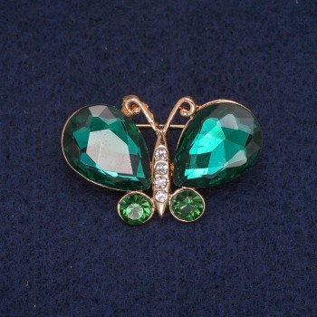 Discount! Butterfly Brooch with Green and White Crystals, Golden Metal 23x34mm