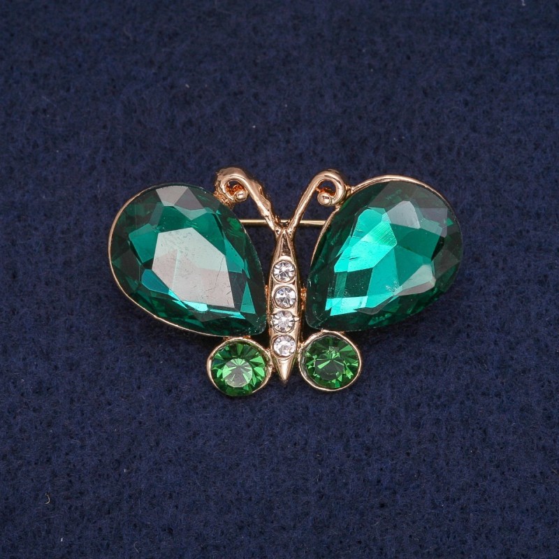 Discount! Butterfly Brooch with Green and White Crystals, Golden Metal 23x34mm