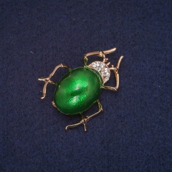 Sale! Beetle Brooch with green enamel and white crystals, gold-tone metal 28x37mm
