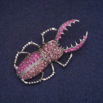 Discount! May Beetle Brooch with Pink Crystals, Silver-Tone Metal 29x55mm
