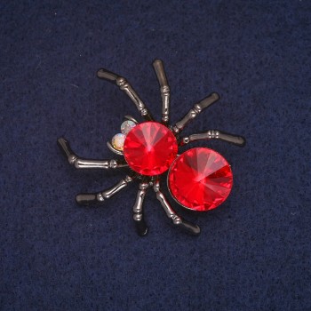 Discount! Spider Brooch with a Red Crystal and Gray Enamel, Silver-Colored Metal 36x40 mm