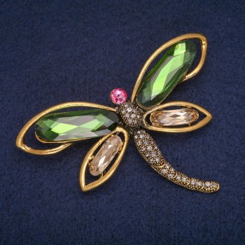 Discount! Dragonfly Brooch with green, yellow, and pink crystals and rhinestones, gold-tone metal 50x72mm