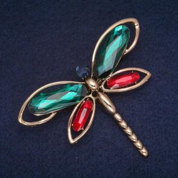Discount! Dragonfly Brooch with green, red, and blue crystals, gold-tone metal 54x71 mm