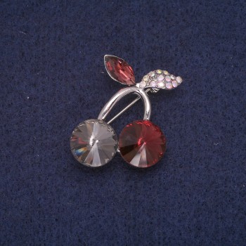 Discount! Cherry Brooch with Stones and Crystals in Gray-Burgundy Chameleon Color 24x29mm Silver Metal