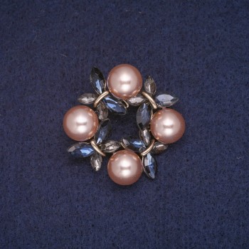 Discount! Wreath Brooch with Beads, Blue and Gray Crystals, Gold Metal Finish 34x35 mm