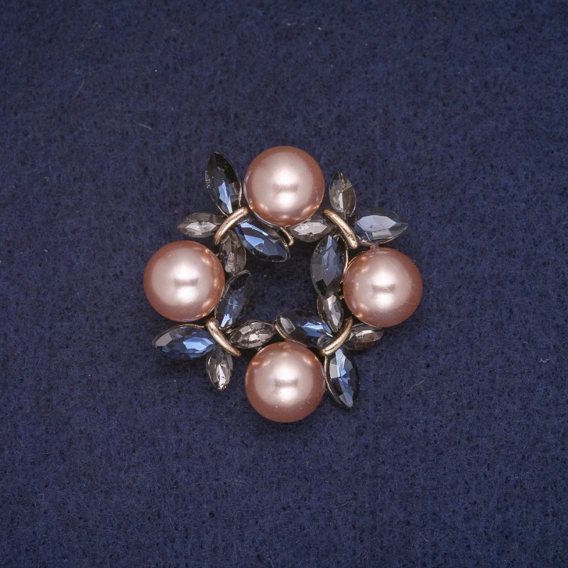 Discount! Wreath Brooch with Beads, Blue and Gray Crystals, Gold Metal Finish 34x35 mm