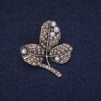 Discount! Leaves on a Branch Brooch with Beads and White Crystals, Gray Metal 29x32mm